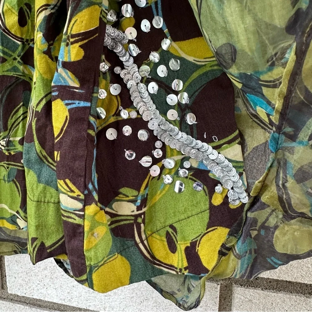 Ideology Silk Overlay‎ Beaded Sequin Skirt Abstract Green Blue Print 22W